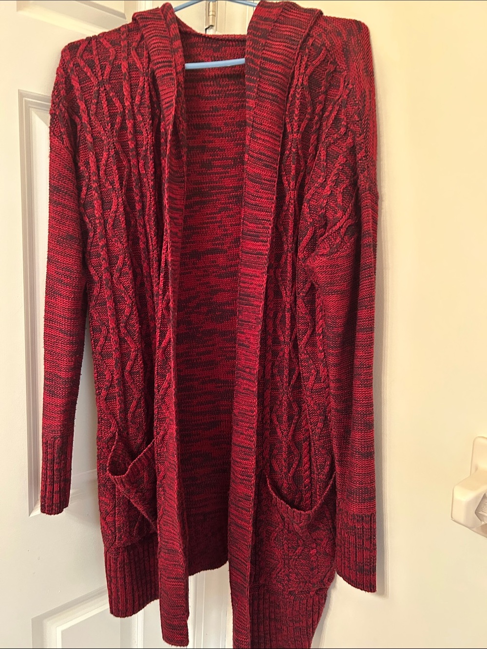 Merona Red Marled Cable-Knit Hooded Open Cardigan